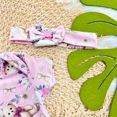 Conj. Body, Faixinha de Cabelo e Shorts Ursinhos em Malha Térmica - Rosa